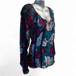 $88 White House Black Market Floral V-Neck Blouse - Teal and Pink
